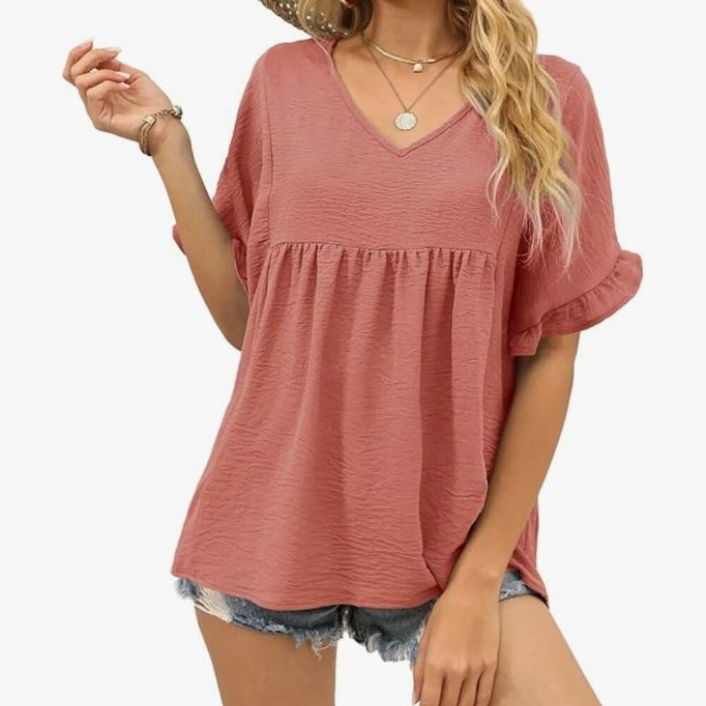 V Neck Ruffle Sleeve T Shirts Baby doll Loose Fit Peplum